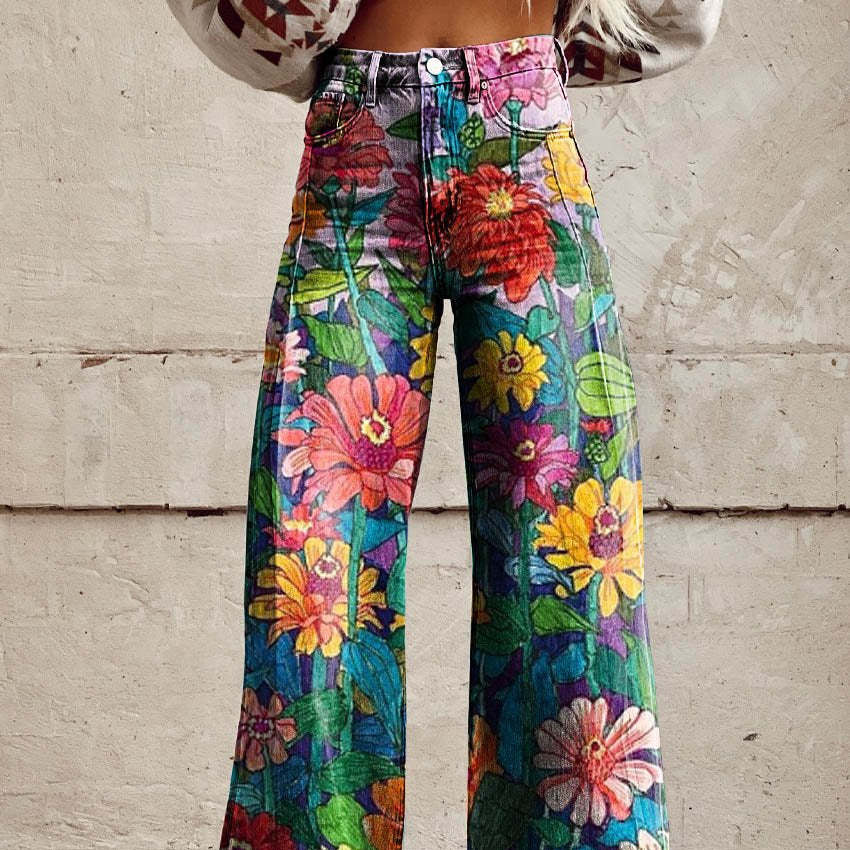 Damen Hose mit weitem Bein und Blumenmuster