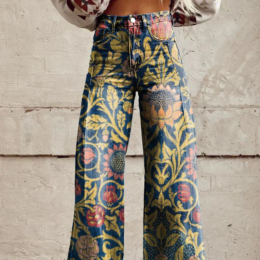 Damen Hose mit weitem Bein und Blumenmuster