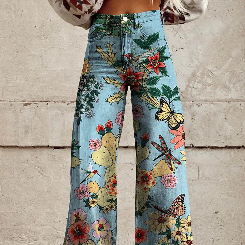 Damen Hose mit weitem Bein und Blumenmuster