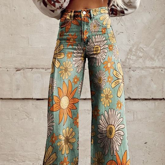 Damen Hose mit weitem Bein und Blumenmuster