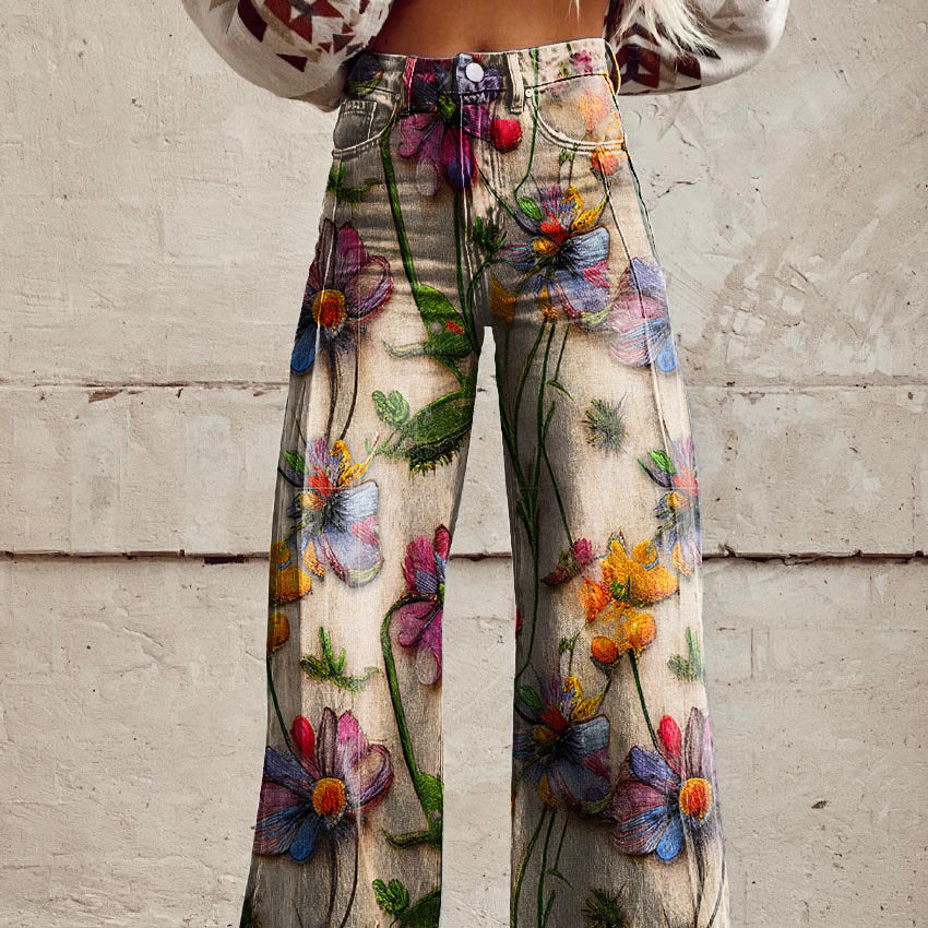 Damen Hose mit weitem Bein und Blumenmuster