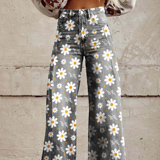 Damen Hose mit weitem Bein und Blumenmuster